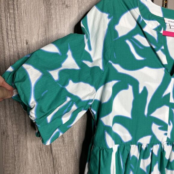 Chico’s Dress Short Layered Puff Sleeves Pockets Green Leaves Poplin Size 4 - Picture 5 of 8